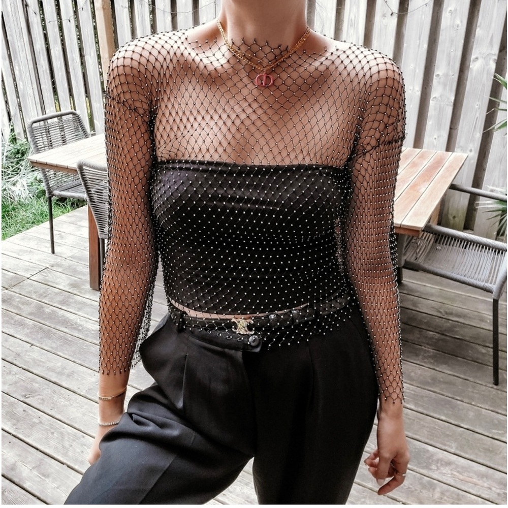 NWOT Black Crystal Fishnet Top